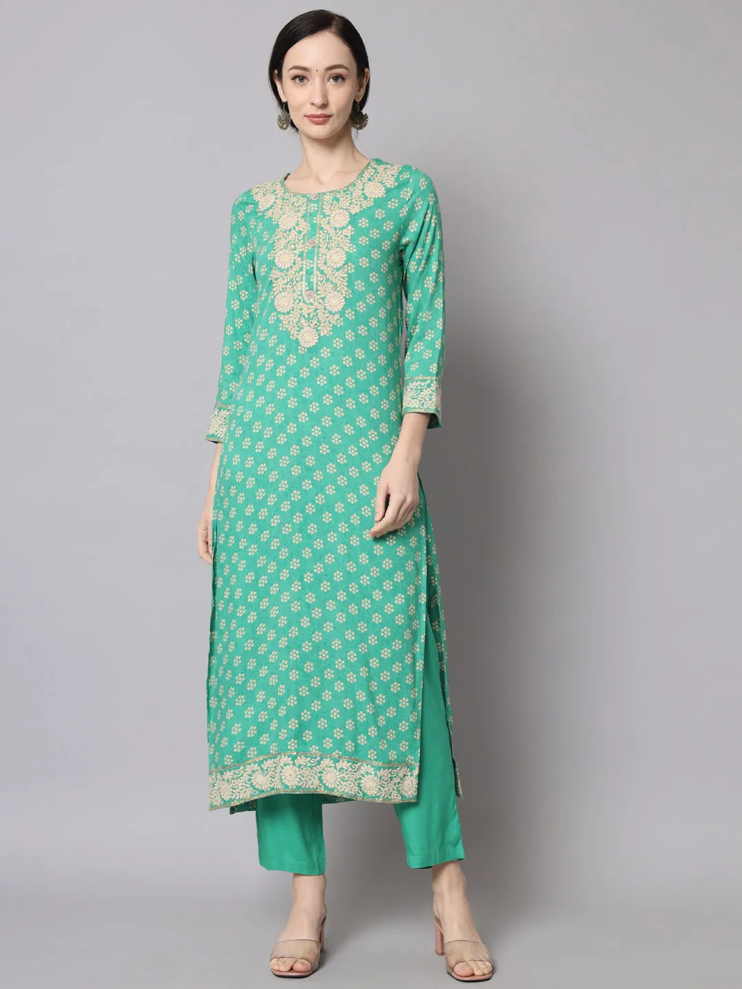 Nehamta Green Color Rayon Straight Women's Kurta With Pant