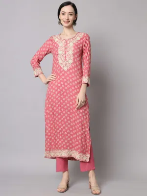 Nehamta Onion Pink Color Rayon Straight Women's Kurta With Pant