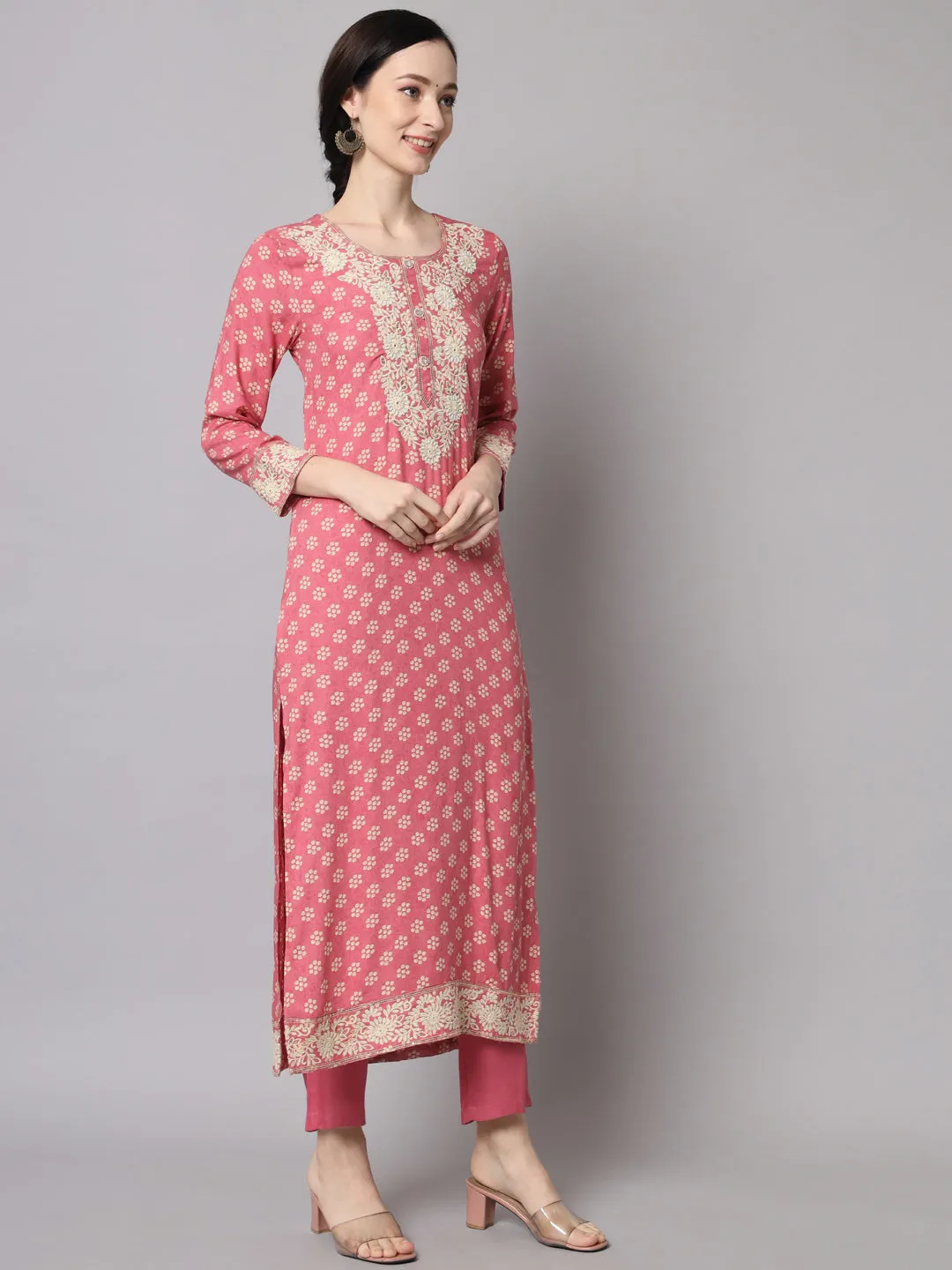 Nehamta Onion Pink Color Rayon Straight Women's Kurta With Pant