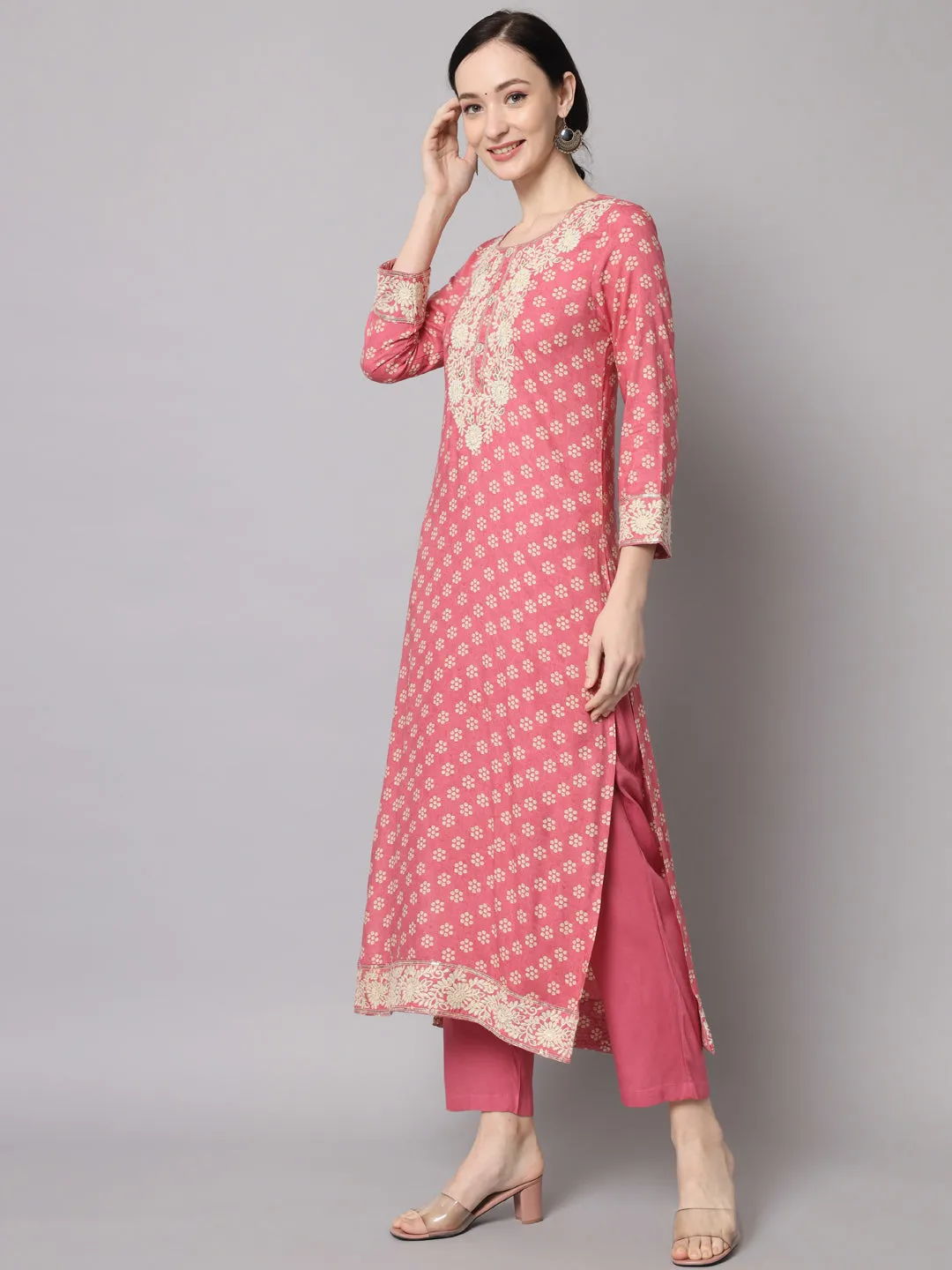 Nehamta Onion Pink Color Rayon Straight Women's Kurta With Pant
