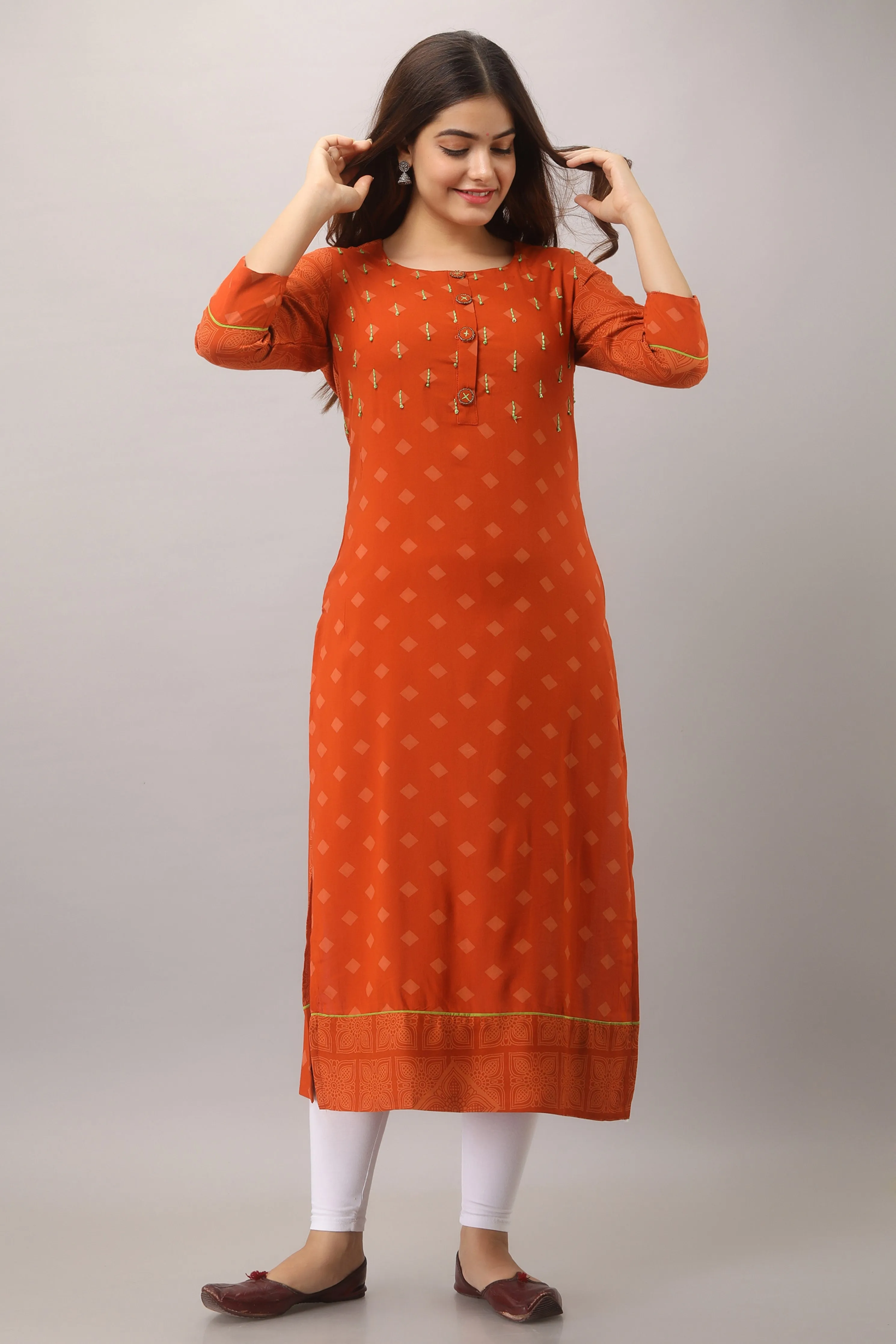 Orange Color Rayon Straight Womens Kurta