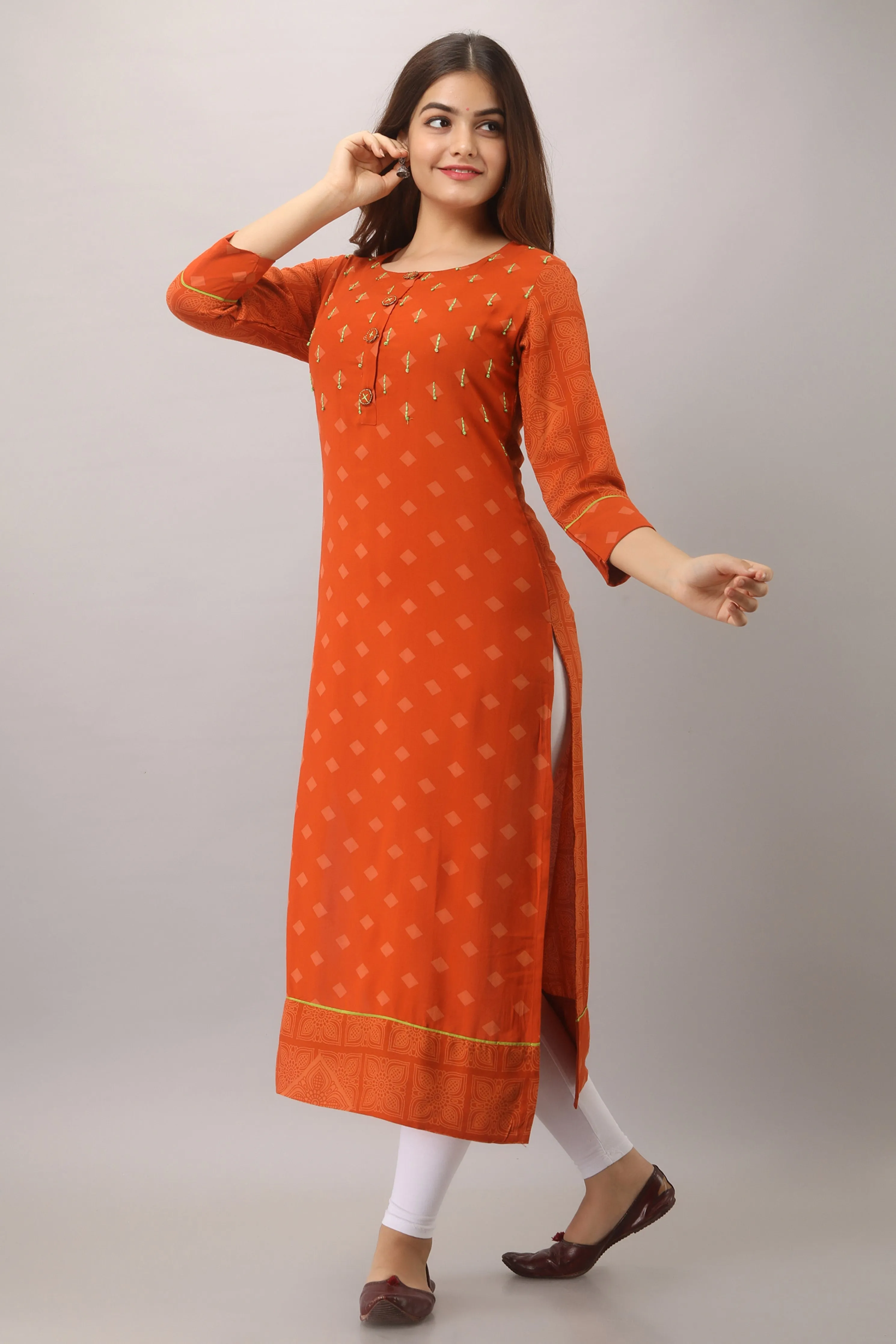 Orange Color Rayon Straight Womens Kurta