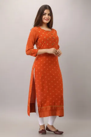 Orange Color Rayon Straight Womens Kurta