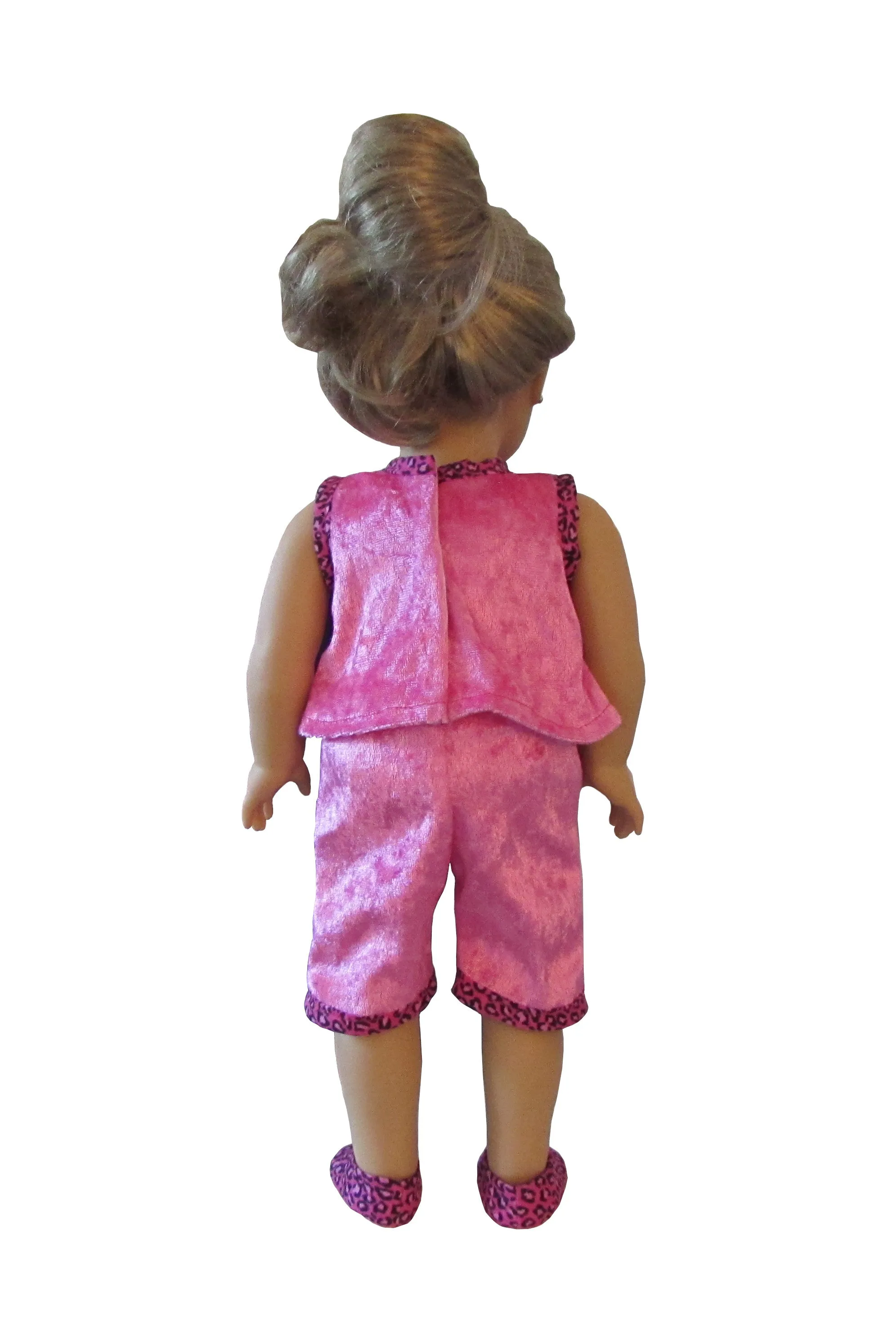 Pink Cheetah Trimmed Panne Velvet Doll Pajama Top, Shorts, and Slippers for 18-inch dolls
