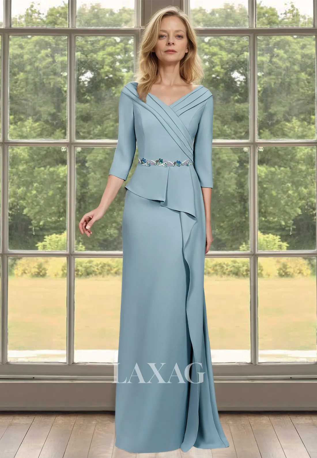 Pleated V-Neck Long-Sleeves Cocktail Gowns Beaded Floor-Length Tiered Mermaid Mother of the Bride Dress