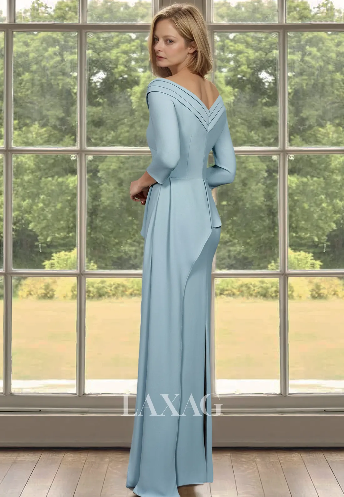 Pleated V-Neck Long-Sleeves Cocktail Gowns Beaded Floor-Length Tiered Mermaid Mother of the Bride Dress