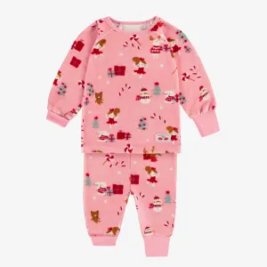 Pyjama deux pièces des fêtes rose en velours à motifs de ballerines, bébé