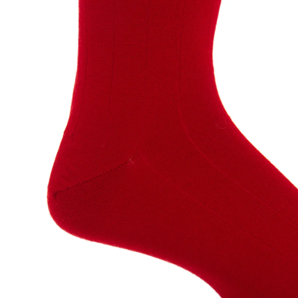 Red Solid Wide Ribbed Cashmere Wool Blend Sock Linked Toe Mid-Calf