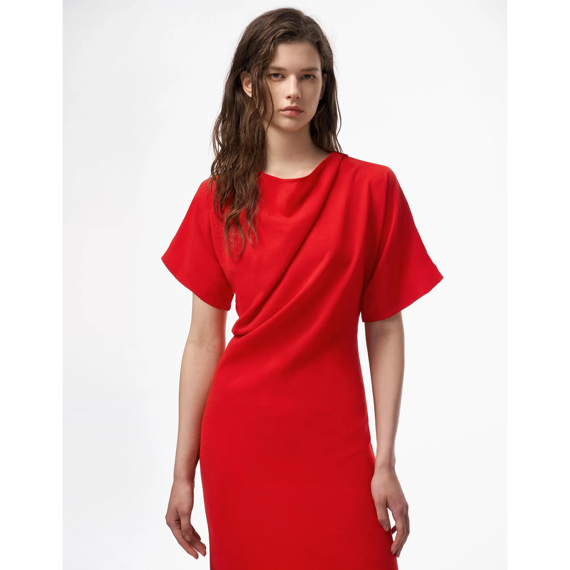 Self Tie Waist Boat Neck Dress - Red