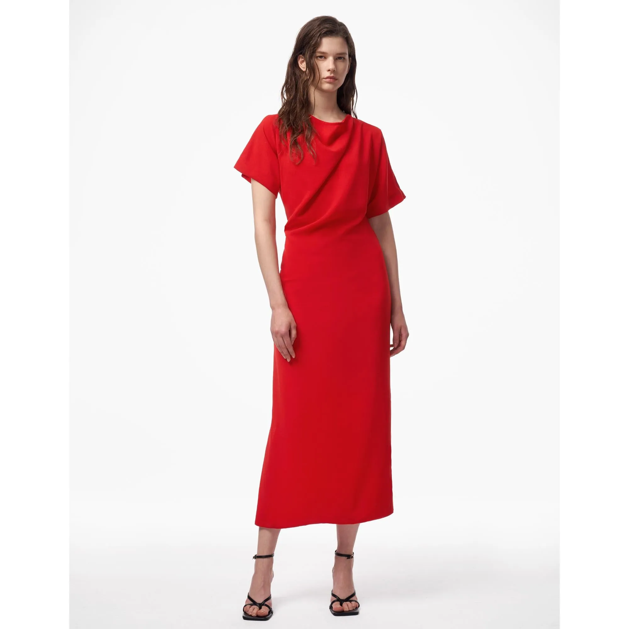 Self Tie Waist Boat Neck Dress - Red