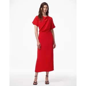 Self Tie Waist Boat Neck Dress - Red