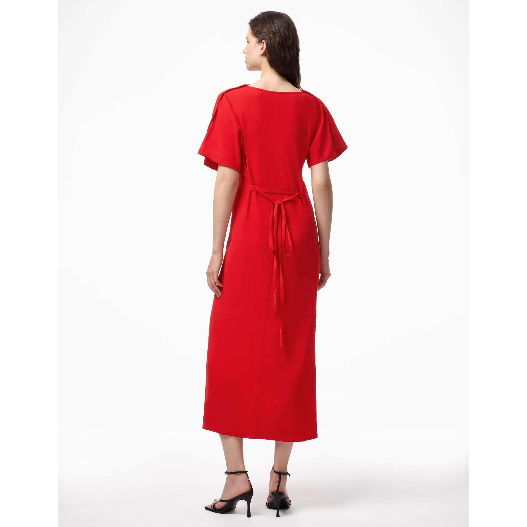Self Tie Waist Boat Neck Dress - Red