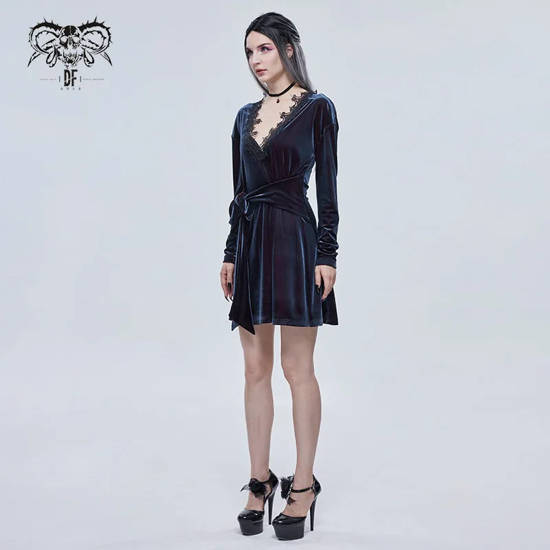 SKT141 daily life Black and red deep V neck sexy girls velvet loose lace belted dress