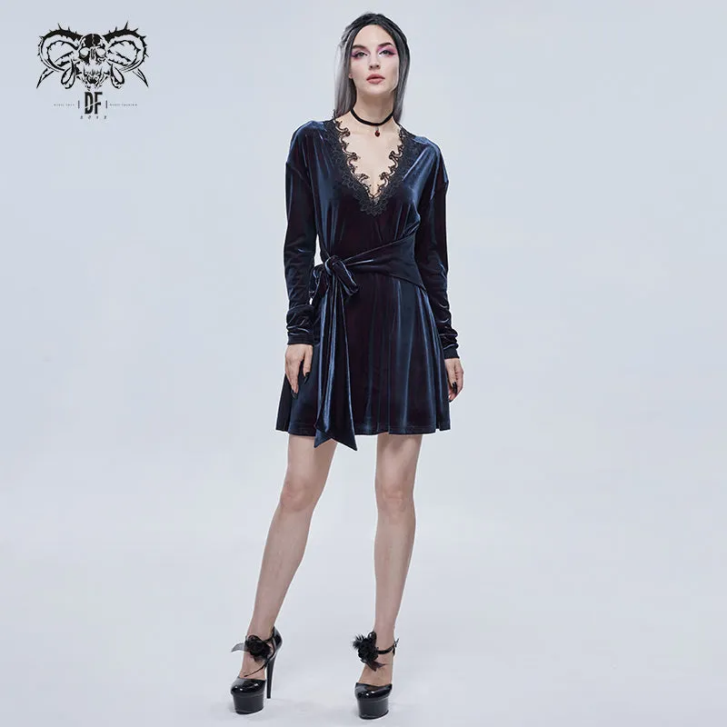 SKT141 daily life Black and red deep V neck sexy girls velvet loose lace belted dress
