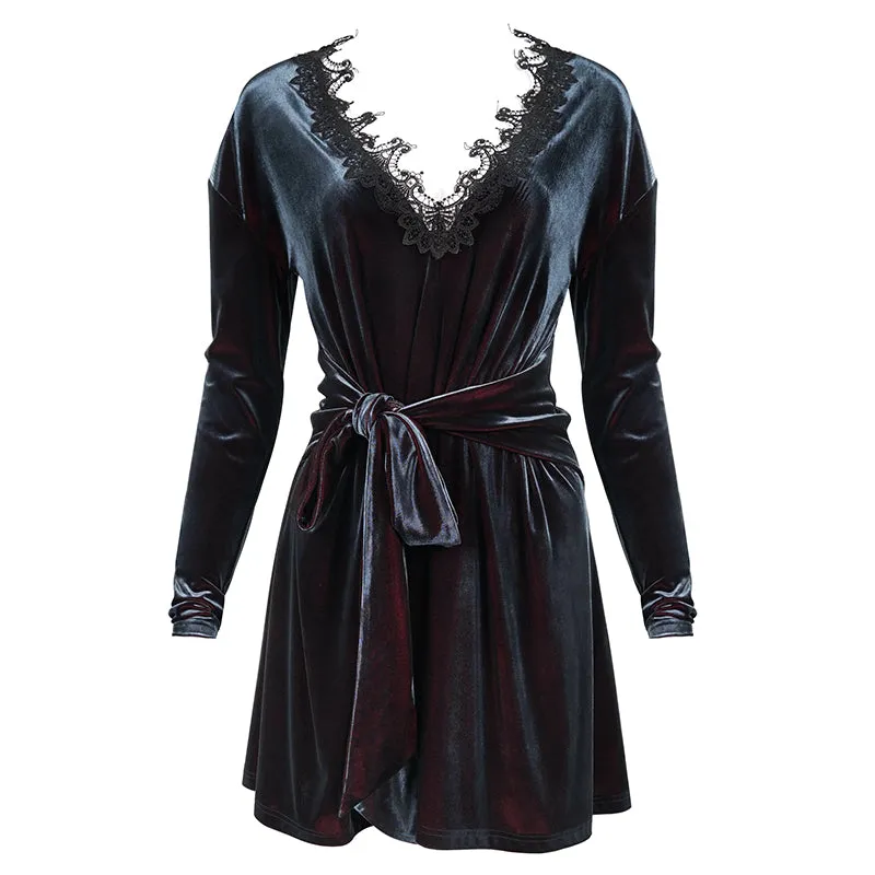 SKT141 daily life Black and red deep V neck sexy girls velvet loose lace belted dress