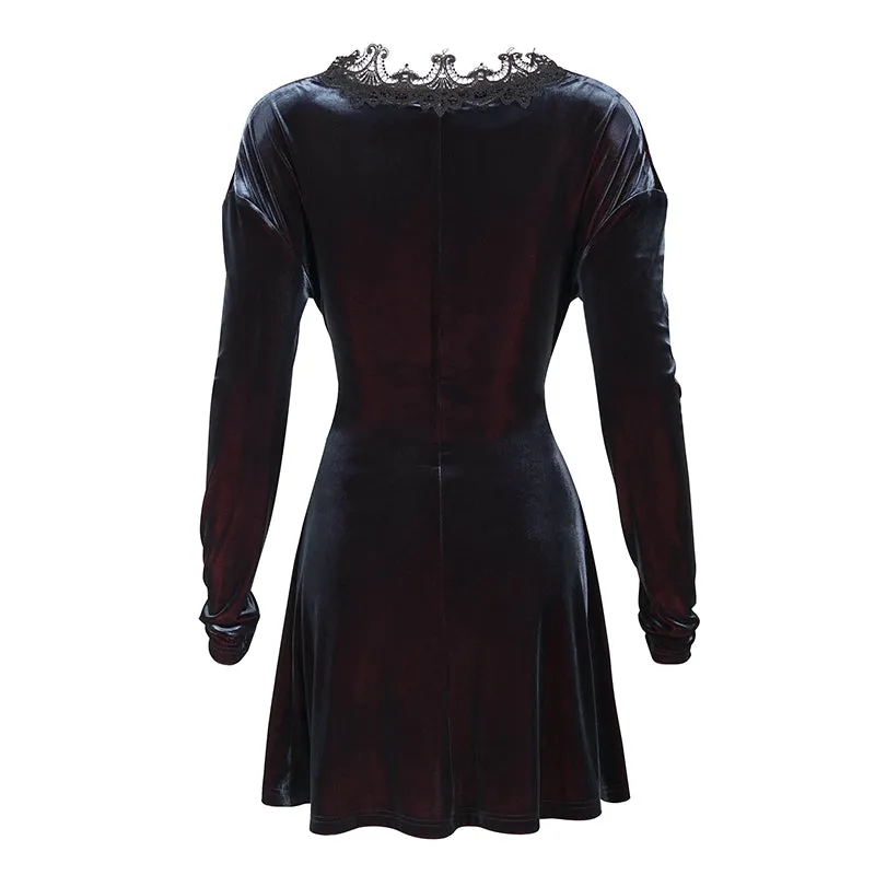 SKT141 daily life Black and red deep V neck sexy girls velvet loose lace belted dress