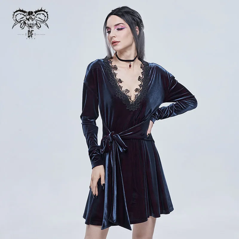 SKT141 daily life Black and red deep V neck sexy girls velvet loose lace belted dress