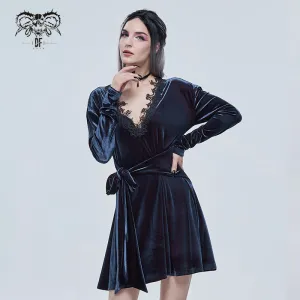 SKT141 daily life Black and red deep V neck sexy girls velvet loose lace belted dress