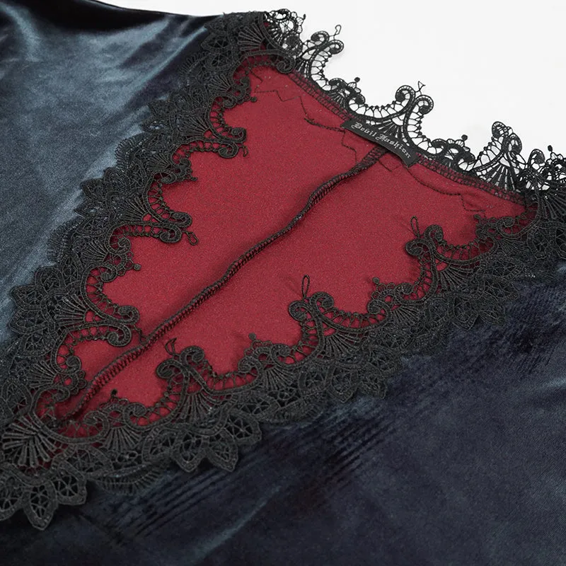 SKT141 daily life Black and red deep V neck sexy girls velvet loose lace belted dress