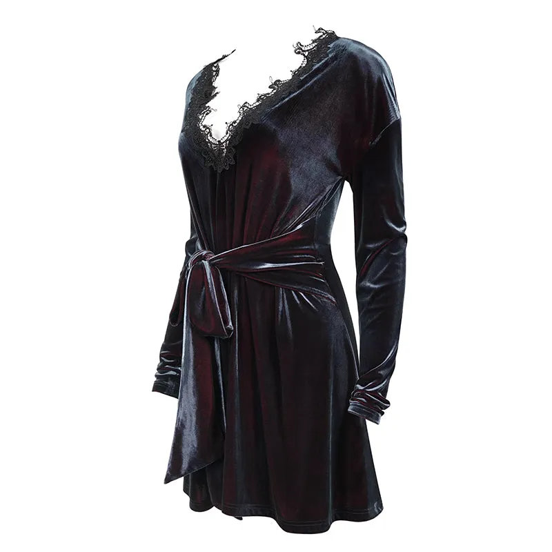 SKT141 daily life Black and red deep V neck sexy girls velvet loose lace belted dress