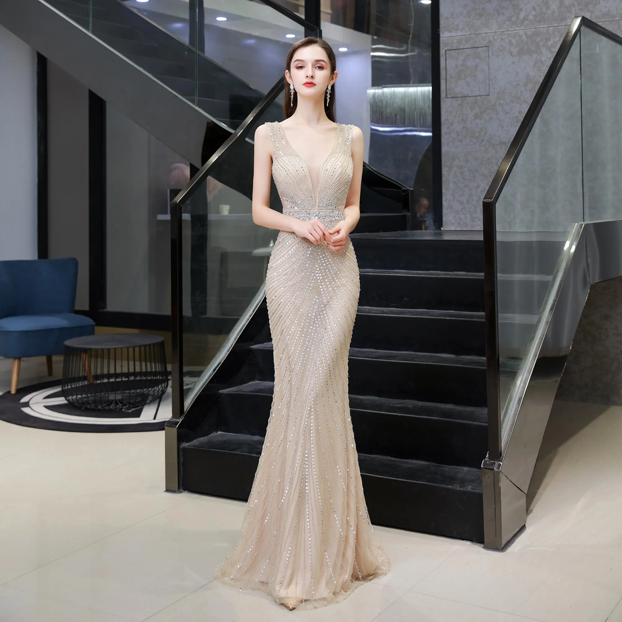 Sleeveless V-neck Beaded Sheath Sequins Long Evening Gowns