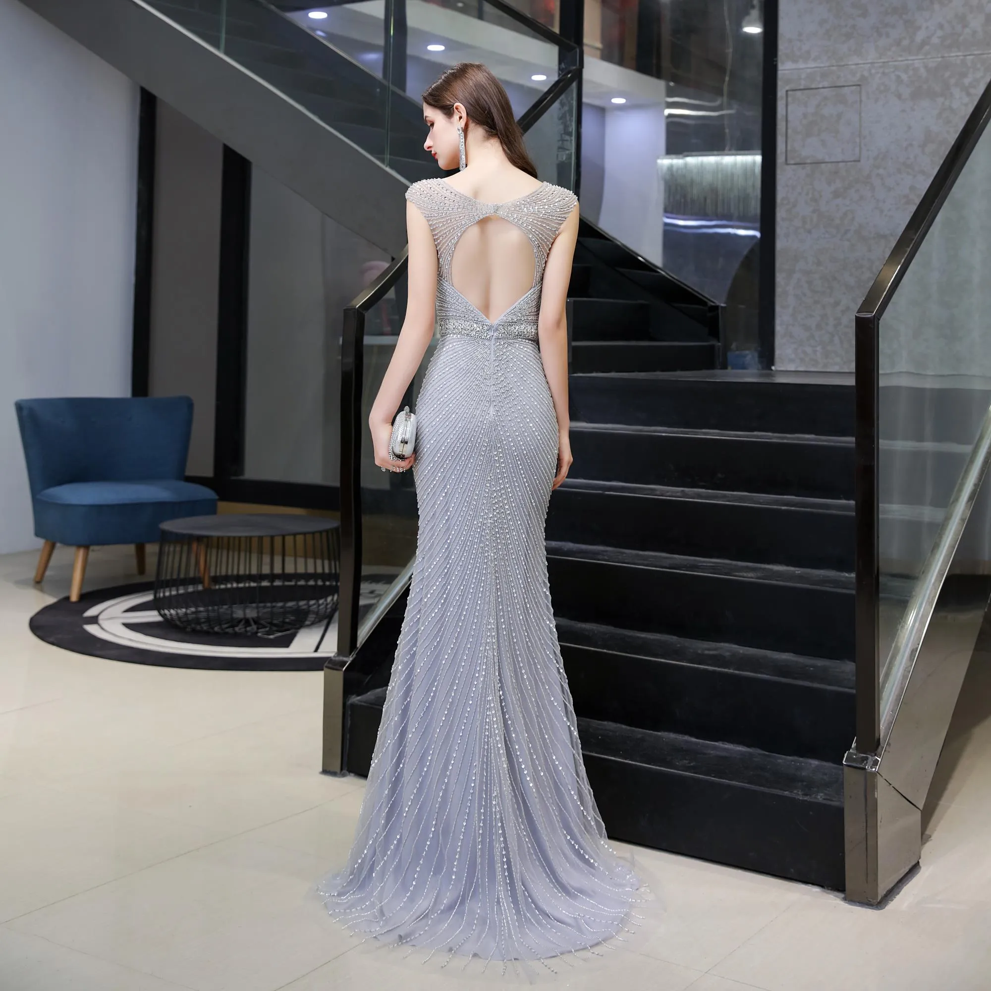 Sleeveless V-neck Beaded Sheath Sequins Long Evening Gowns