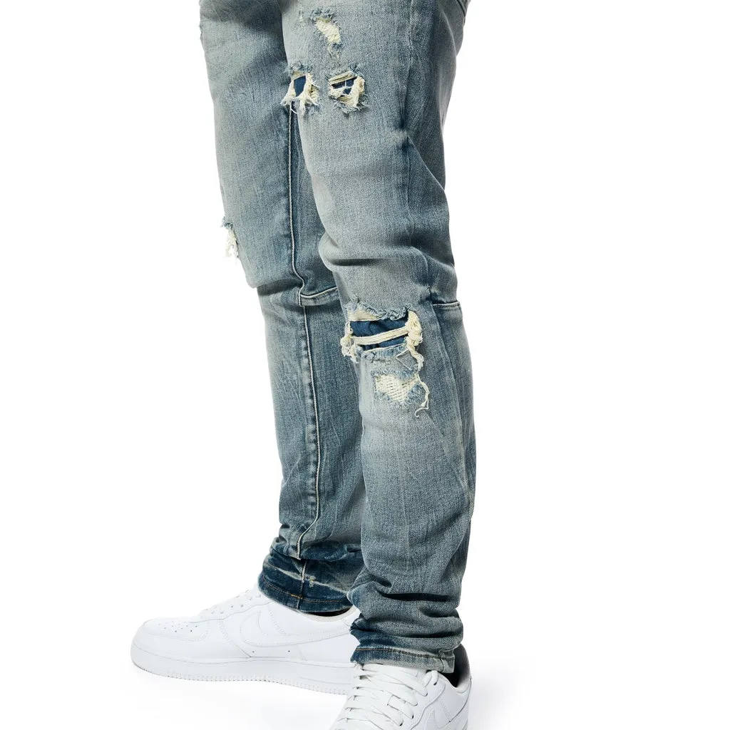 Slim Tapered Vintage Washed Rip And Repair Jeans - Florence Blue