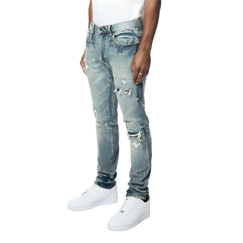 Slim Tapered Vintage Washed Rip And Repair Jeans - Florence Blue