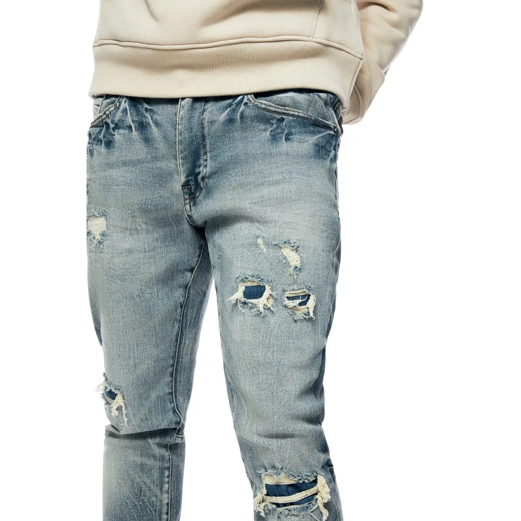 Slim Tapered Vintage Washed Rip And Repair Jeans - Florence Blue