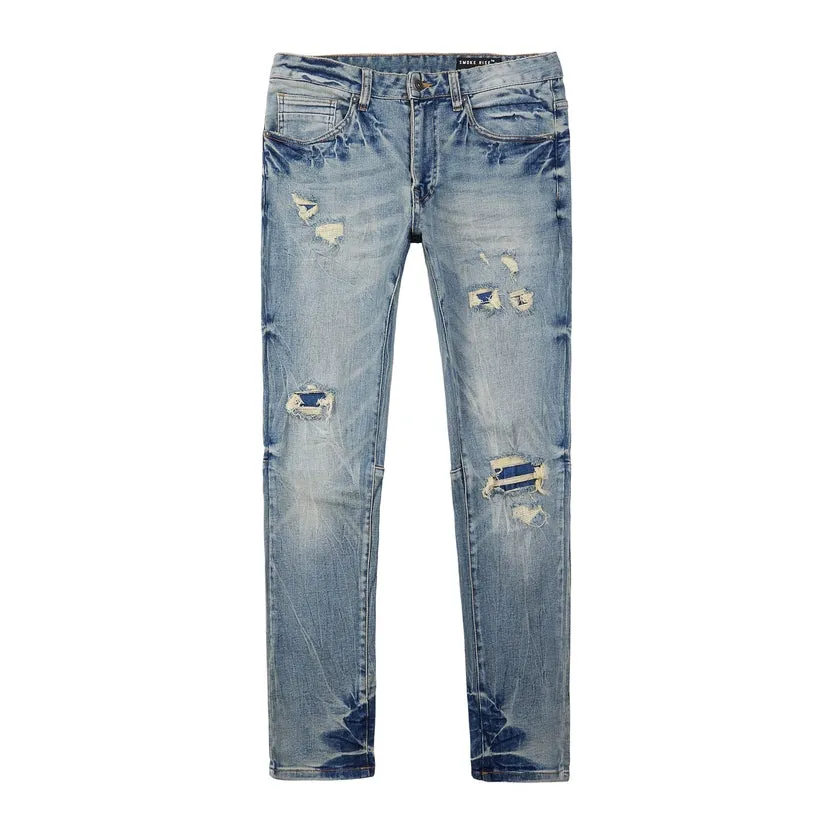 Slim Tapered Vintage Washed Rip And Repair Jeans - Florence Blue