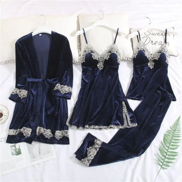 T-BOO Women Velvet Pajamas Set 4 Pieces Sexy  Warm Lace Winter Sleepwear Sling Nightdress Homewear Plus Size Robe