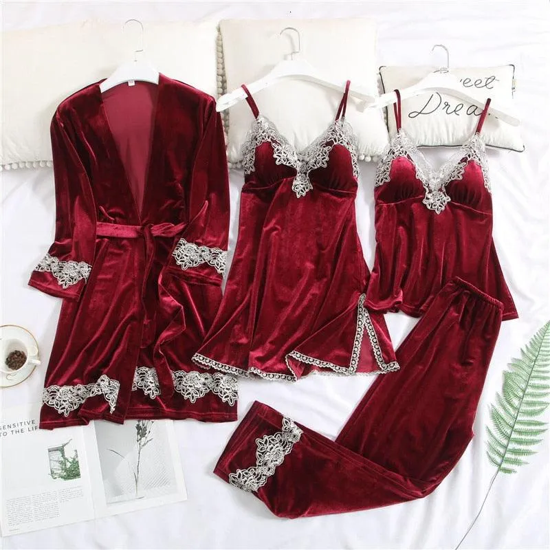 T-BOO Women Velvet Pajamas Set 4 Pieces Sexy  Warm Lace Winter Sleepwear Sling Nightdress Homewear Plus Size Robe