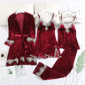 T-BOO Women Velvet Pajamas Set 4 Pieces Sexy  Warm Lace Winter Sleepwear Sling Nightdress Homewear Plus Size Robe