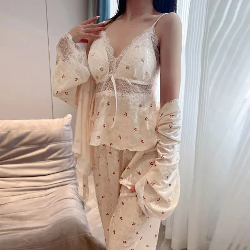 TAVIMART  -  Velour Women 3PCS Pajamas Set Lingerie Autumn Winter Velvet Lace Bathrobe Pijamas Trouser Suit Sleepwear pj's Home Clothes