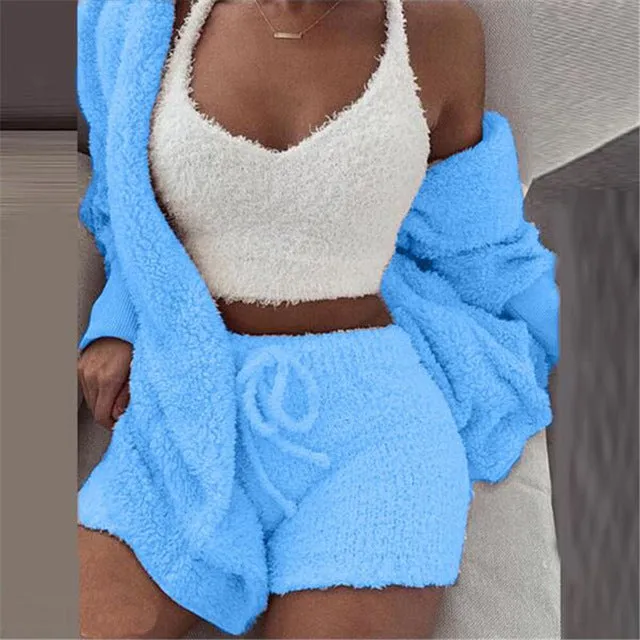 Women Coral Velvet Pajamas Set Spring Autumn Winter Pajamas 3 Three Piece Set Sleepwear Tops Shorts Coat Suit Size S-3XL
