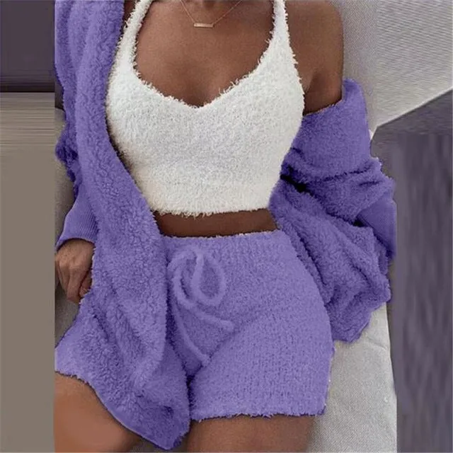Women Coral Velvet Pajamas Set Spring Autumn Winter Pajamas 3 Three Piece Set Sleepwear Tops Shorts Coat Suit Size S-3XL