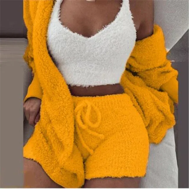 Women Coral Velvet Pajamas Set Spring Autumn Winter Pajamas 3 Three Piece Set Sleepwear Tops Shorts Coat Suit Size S-3XL
