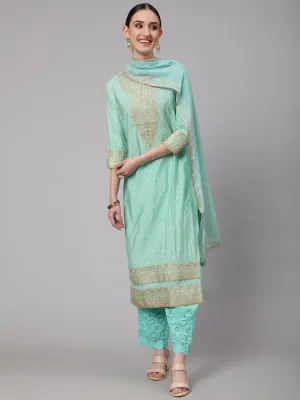 Women Mint Green Chanderi Straight  Kurta Trouser & Dupatta Set