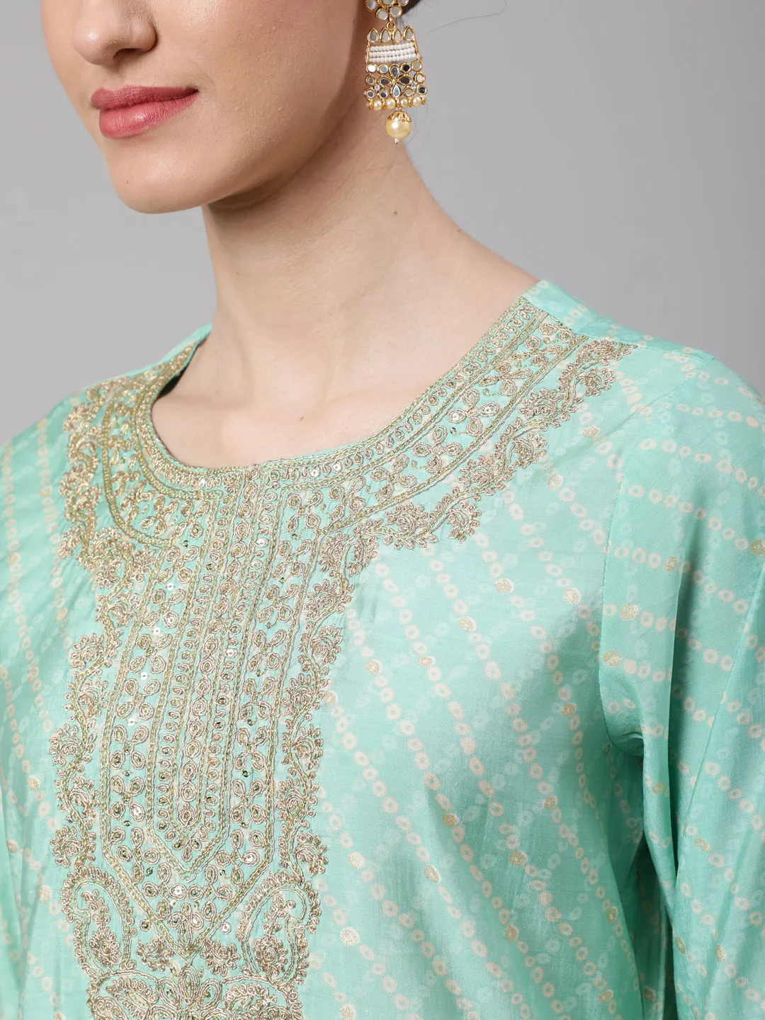 Women Mint Green Chanderi Straight  Kurta Trouser & Dupatta Set