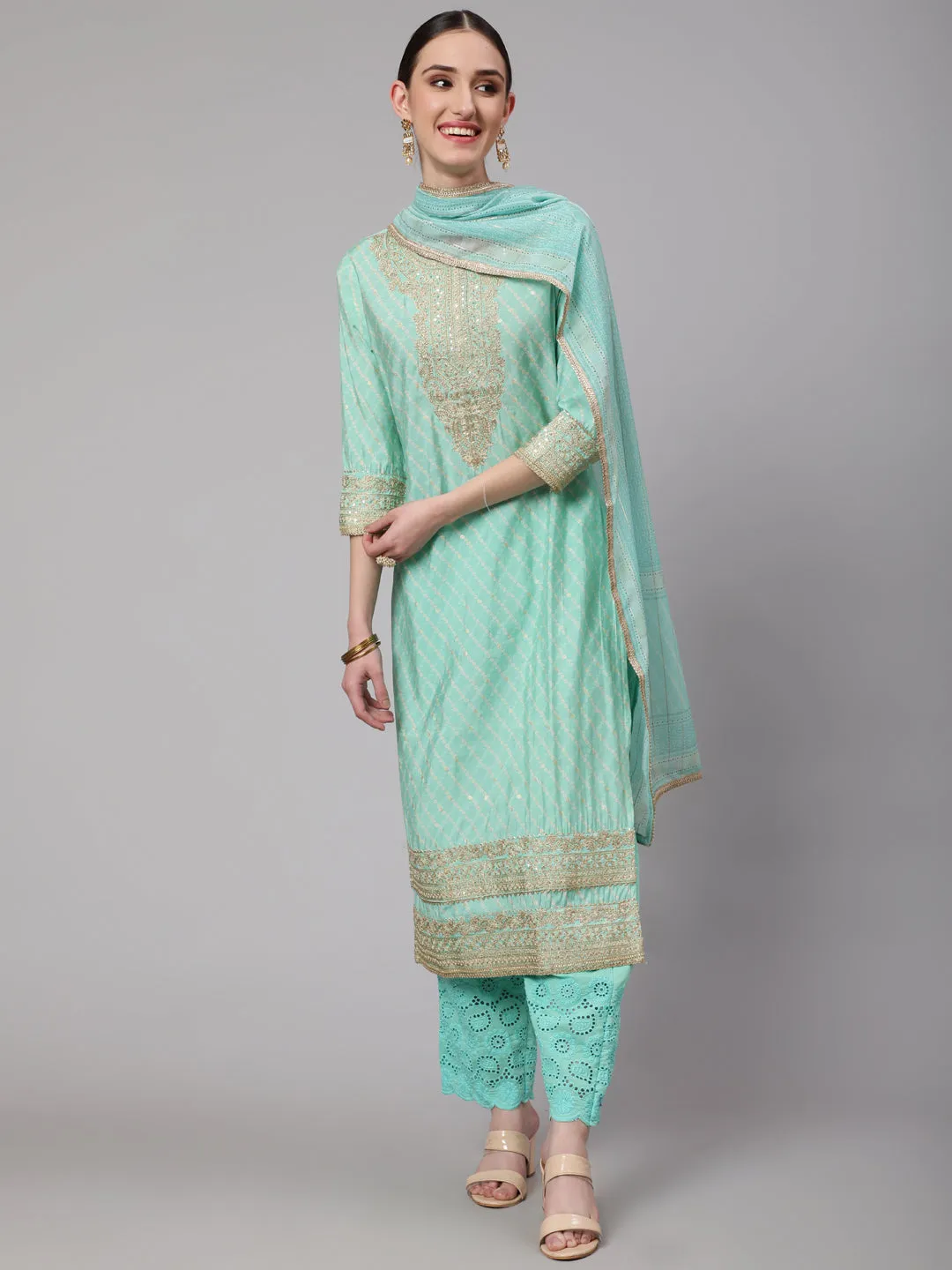 Women Mint Green Chanderi Straight  Kurta Trouser & Dupatta Set