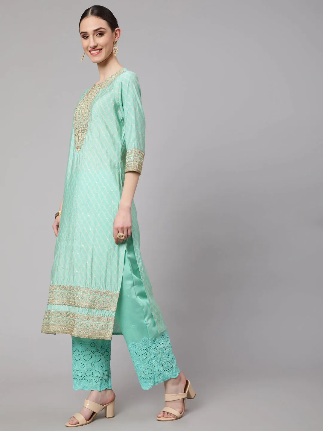 Women Mint Green Chanderi Straight  Kurta Trouser & Dupatta Set