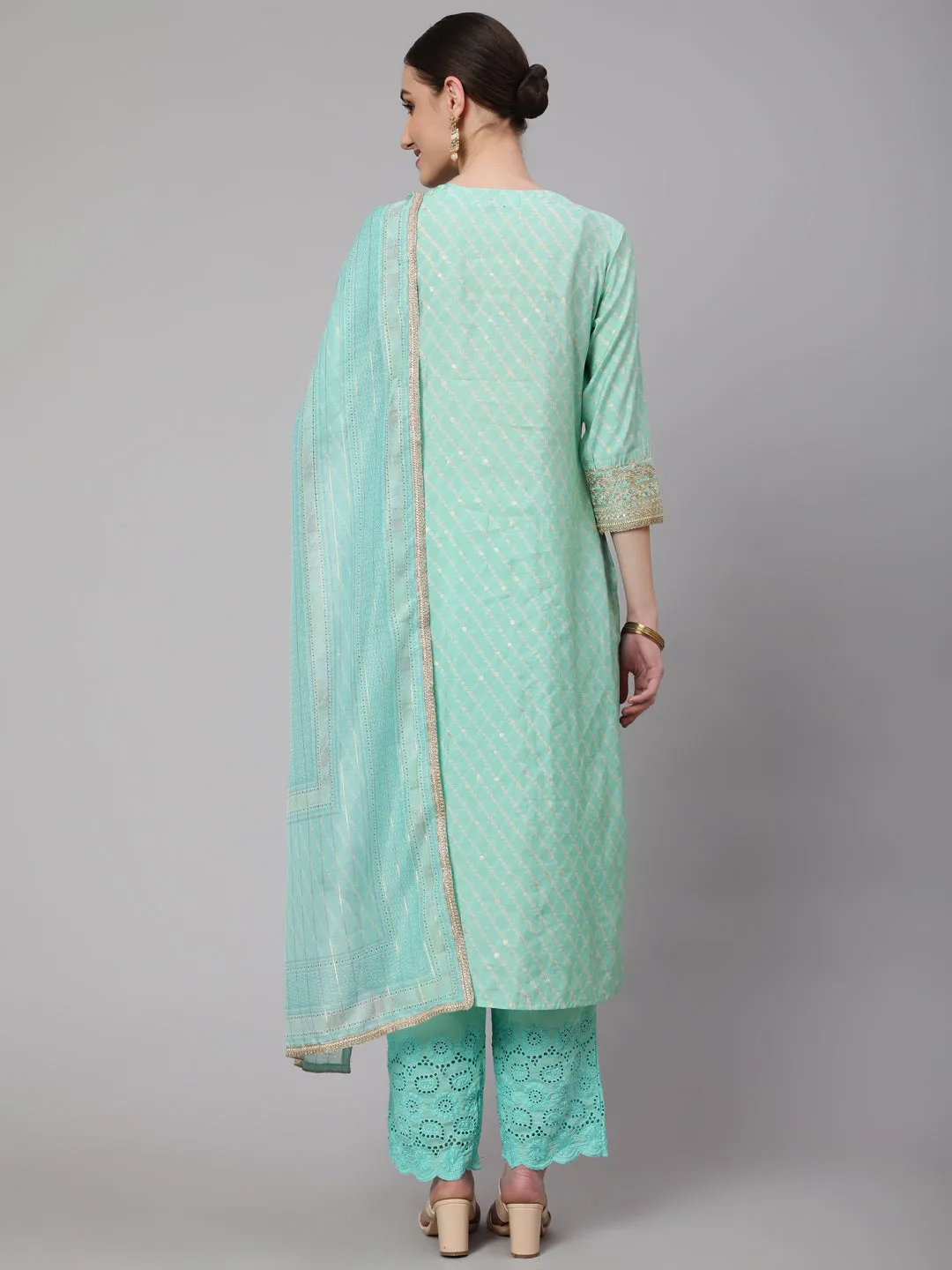 Women Mint Green Chanderi Straight  Kurta Trouser & Dupatta Set