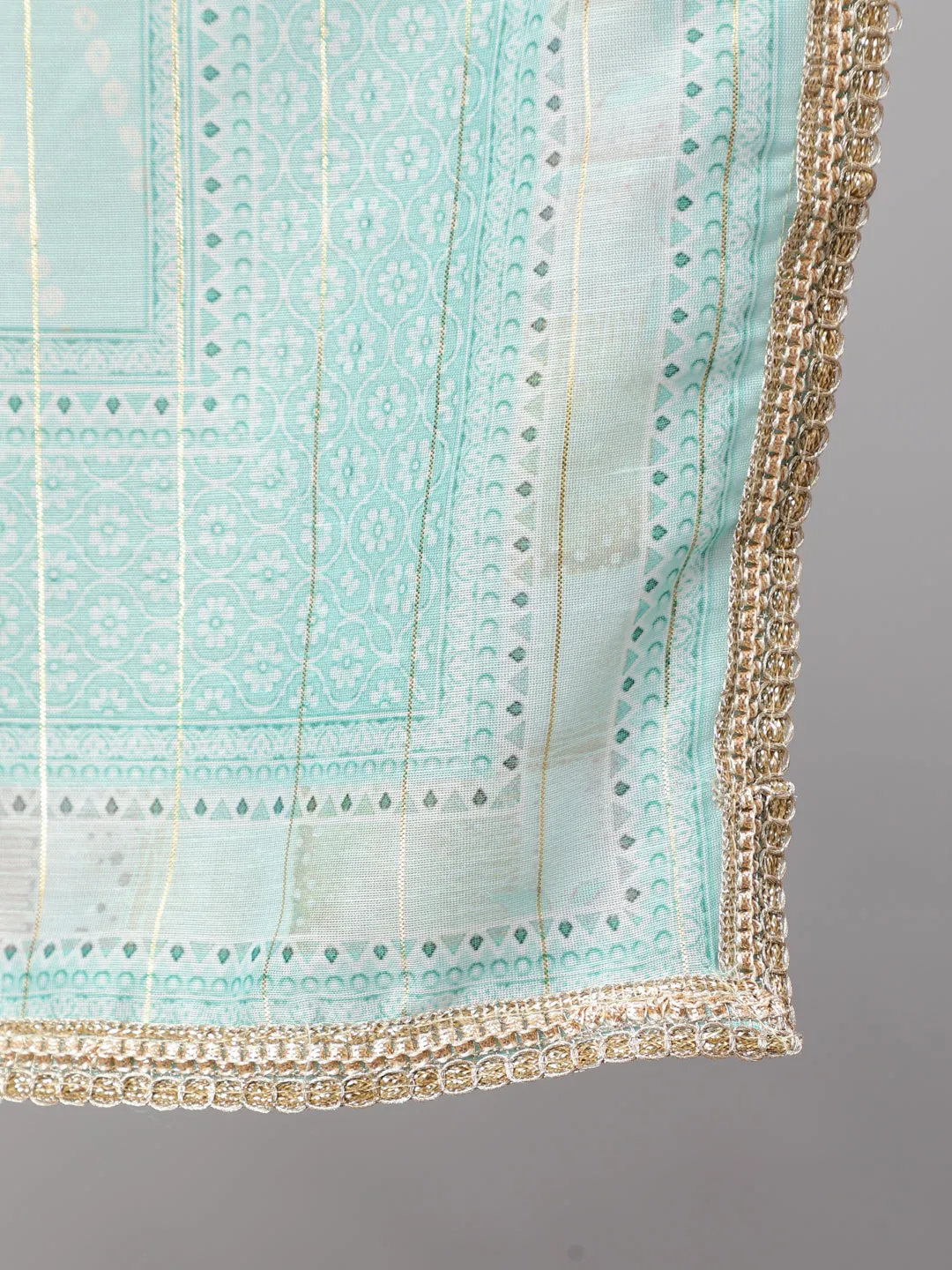 Women Mint Green Chanderi Straight  Kurta Trouser & Dupatta Set