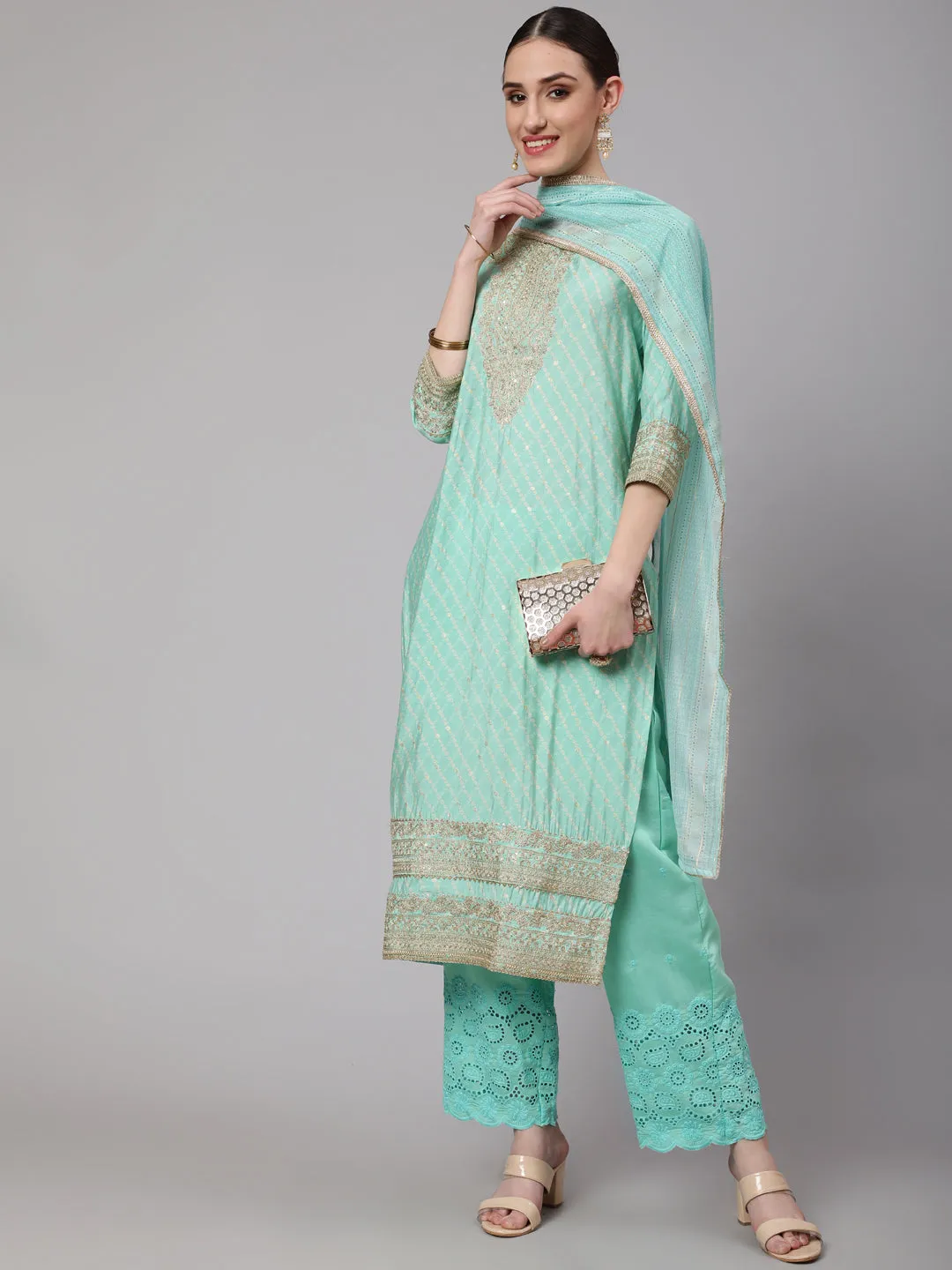 Women Mint Green Chanderi Straight  Kurta Trouser & Dupatta Set