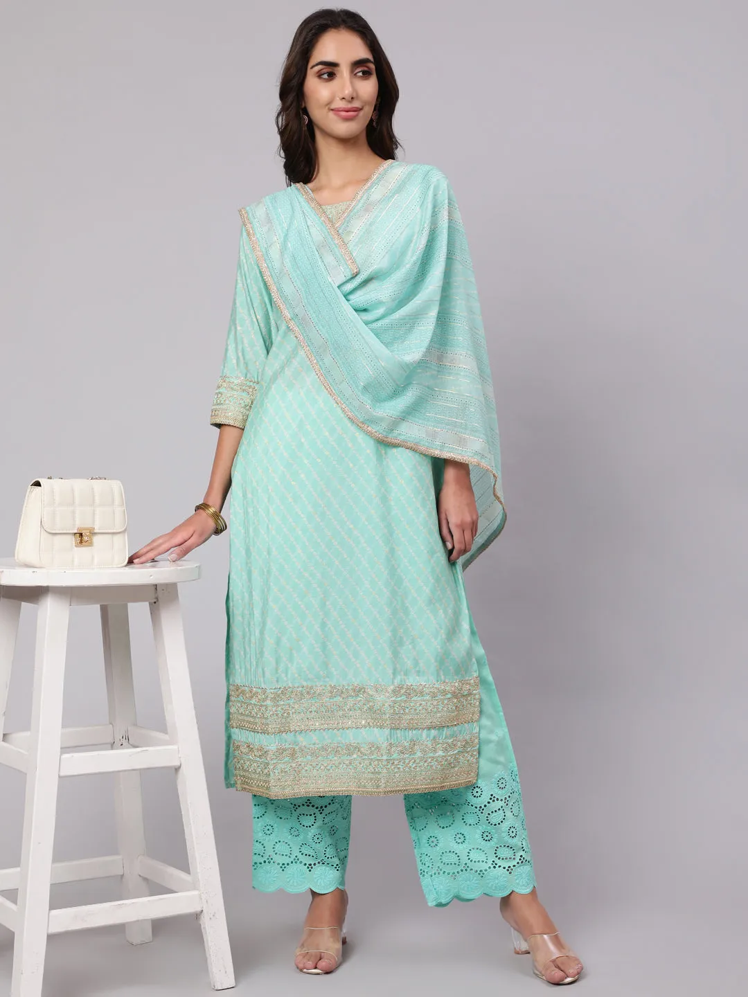 Women Mint Green Chanderi Straight  Kurta Trouser & Dupatta Set