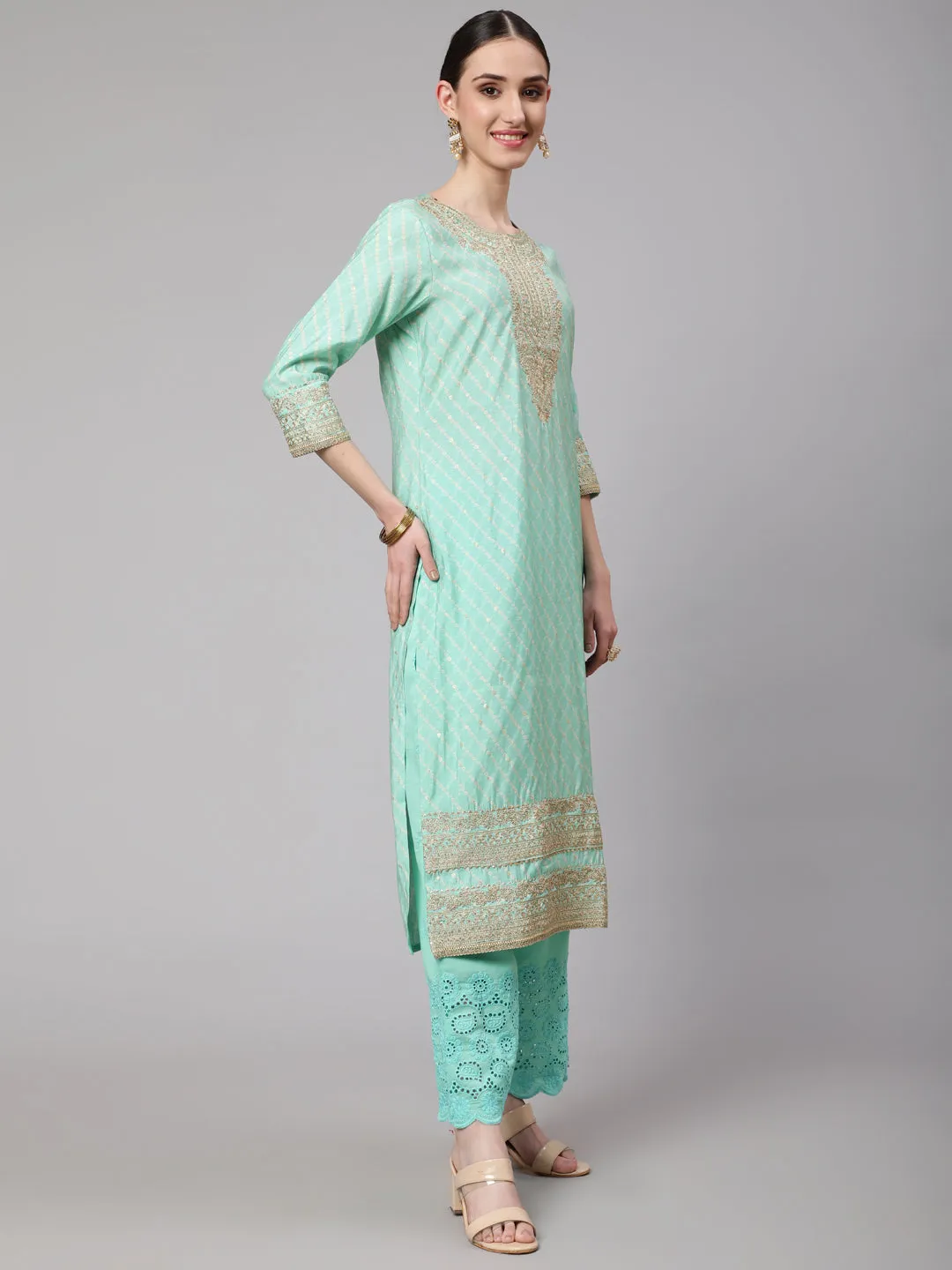 Women Mint Green Chanderi Straight  Kurta Trouser & Dupatta Set