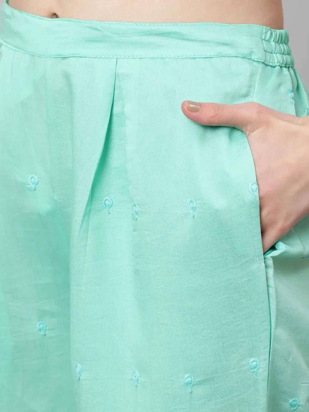 Women Mint Green Chanderi Straight  Kurta Trouser & Dupatta Set