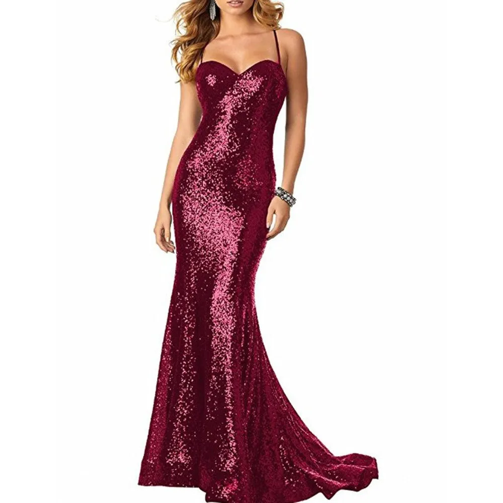 Women Sequin Gown Dress Bodycon Floor-Length Prom Gowns