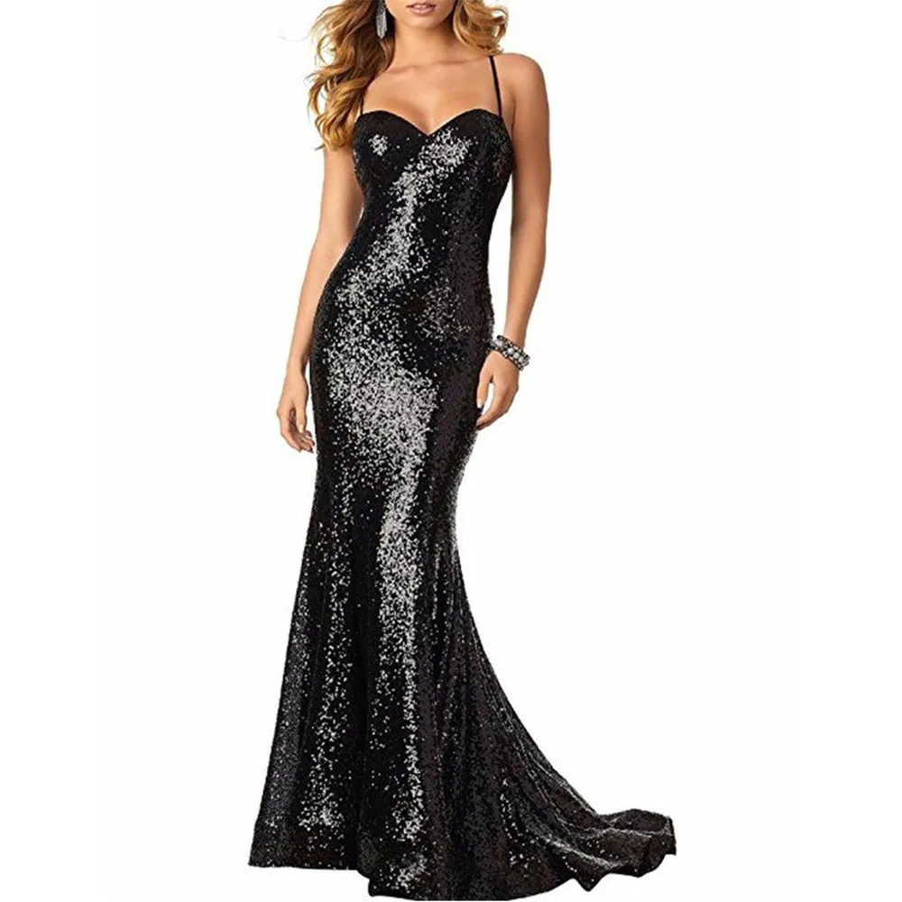 Women Sequin Gown Dress Bodycon Floor-Length Prom Gowns