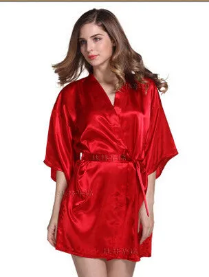 Women Silk Satin Short Night Robe Solid Kimono Robe Fashion